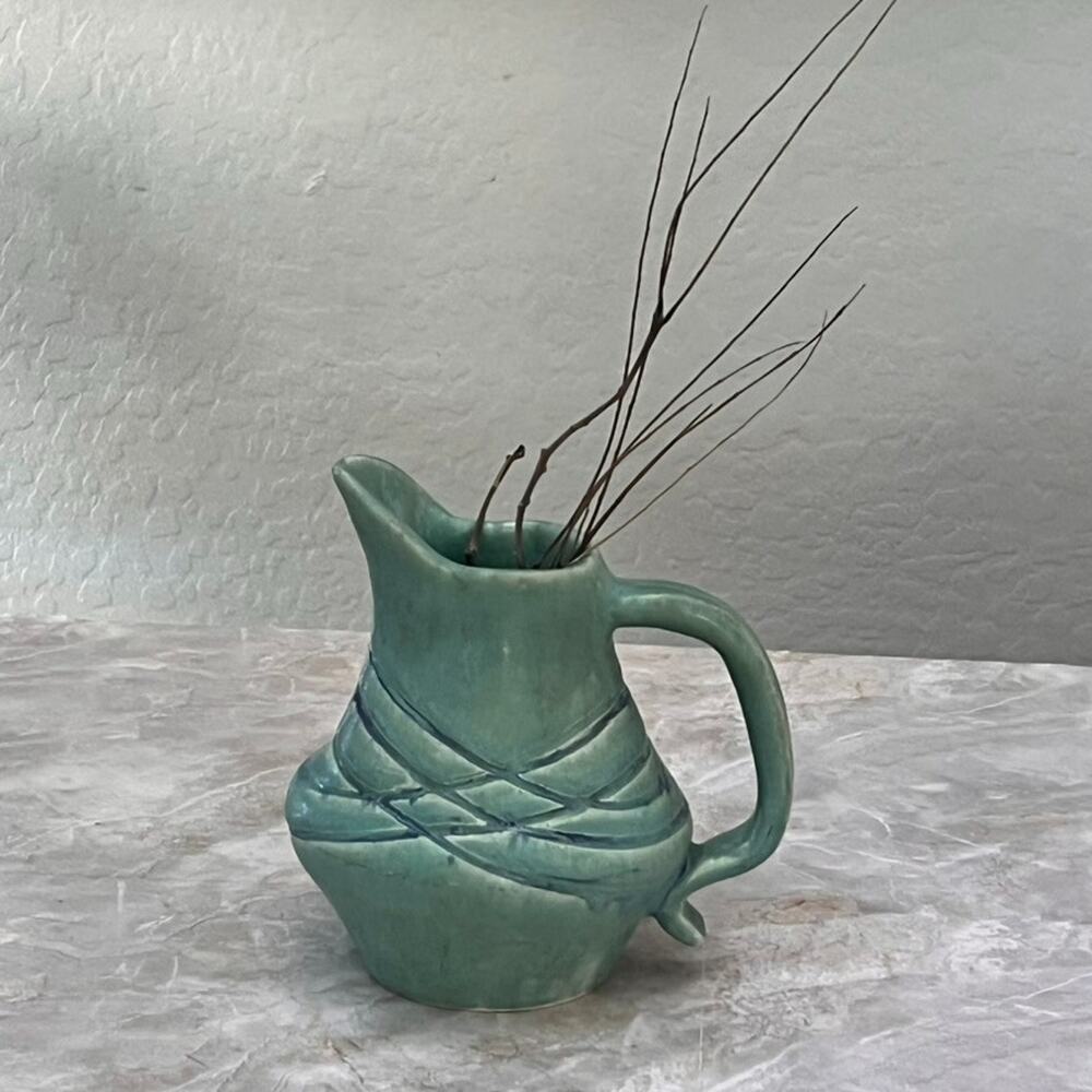 Studio Art Pottery Ceramic Pitcher Vase 7" Emerald Green Stoneware Signed Vtg